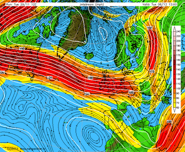 Líneas de flujo (trazo negro) y velocidad del viento (colores sólidos) a la altura de 300 hPa, previsto para el 06.12.11, 12 UTC.