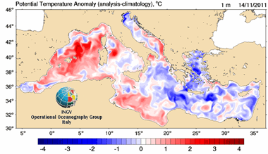 Anomalías de temperatura en aguas superficiales del Mar Mediterráneo