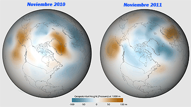 Comparativa de anomalía de altura geopotencial a 1000 m., noviembre 2010 - noviembre 2011