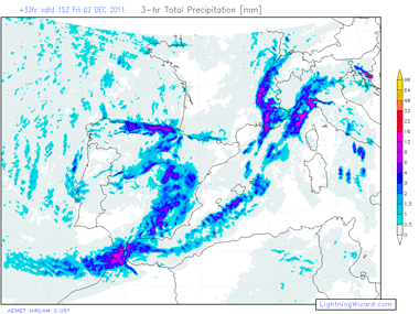 Precipitación acumulada en 3 horas prevista para mañana a las 15 UTC. Modelo HIRLAM.