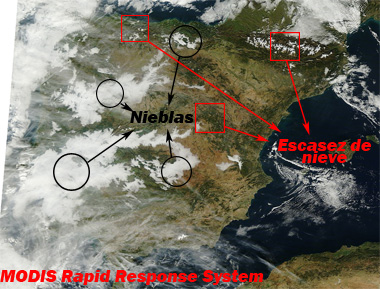 Imagen de la Península Ibérica captada hoy por el satélite TERRA (sensor MODIS).
