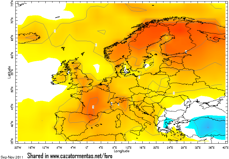Anomalía de temperatura en Europa, trimestre septiembre - noviembre
