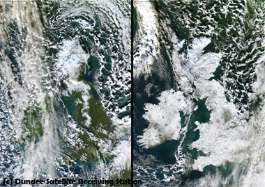 Imagen visible de las Islas Británicas, comparativa entre el 24.12.10 y 18.12.11.