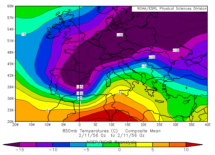 Isotermas al nivel de 850 hPa para el 11.02.1956, 00 UTC. Crédito: NCEP.