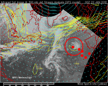 Geopotencial de 500 hPa (colores) y presión en superficie (líneas blancas). Previsión 19 mayo 2014, 18 UTC. Modelo GFS.