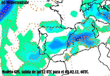 Precipitaciones acumuladas en 6 horas previstas para el 02.02.12, 06 UTC.