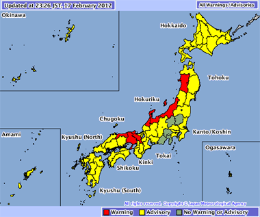 Mapa de avisos y alertas para Japón