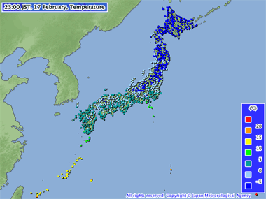 Acumulación de nieve en cms. Agencia de Meteorología de Japón.