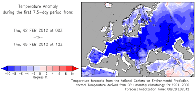 Anomalía de temperaturas prevista entre el 2 y el 9 de febrero