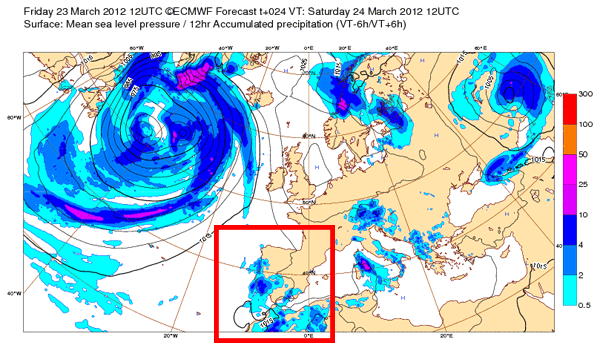 Precipitación acumulada en 12h prevista para mañana a las 12 UTC por el modelo ECMWF.