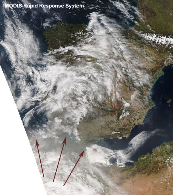 Imagen visible de alta resolución centrada en la Península Ibérica, hoy. Satélite AQUA (sensor MODIS).