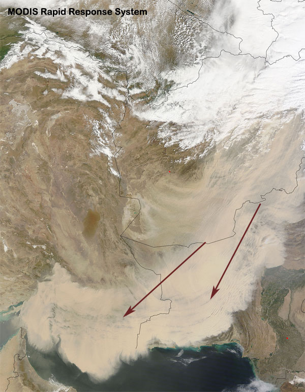 Tormenta de arena en el suroeste de Asia. Satélite TERRA (sensor MODIS), 19.03.12, 06:50 UTC.