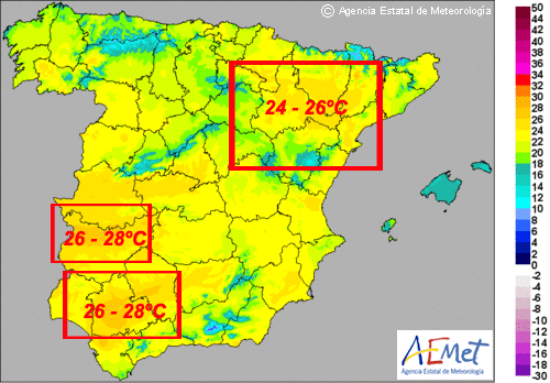 Mapa de temperaturas máximas en la España peninsular previsto para el miércoles