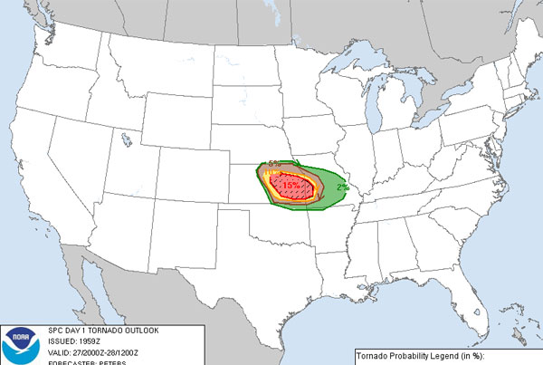 Probabilidad de formación de tornados prevista para hoy.