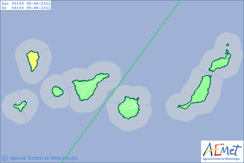 Mapa de alertas meteorológicas previstas para mañana en Canarias.