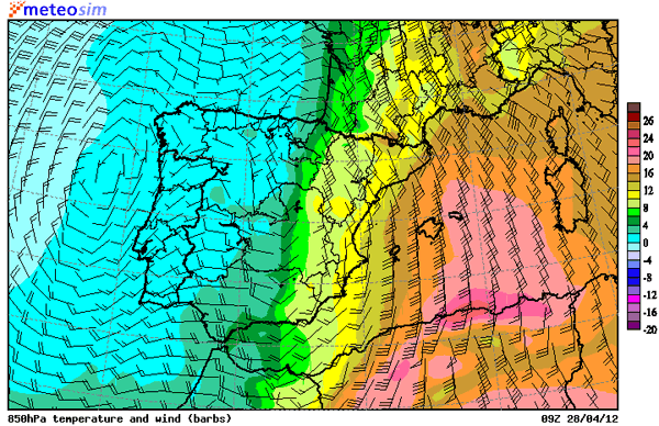 Temperatura (sombreado a color) y campo de vientos (barbas) a 850 hPa, 09 UTC. Crédito: MeteoSIM.