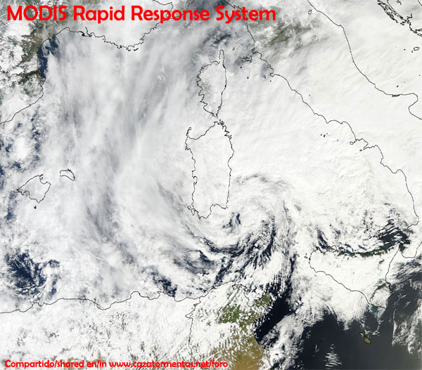 Imagen visible del ciclón mediterráneo LUCÍA. Satélite TERRA (sensor MODIS), 13.04.12.