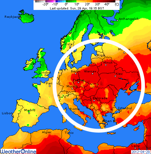 Mapa de temperaturas máximas en Europa, 29.04.12.