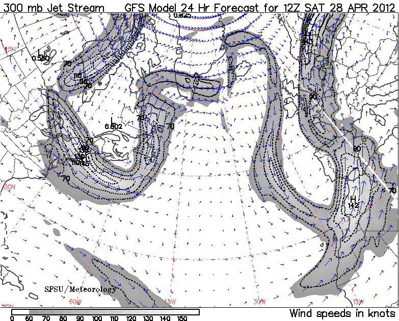 Localización de la corriente en chorro polar prevista para mañana a las 12 UTC. Modelo GFS. Crédito: California Regional Weather Server.