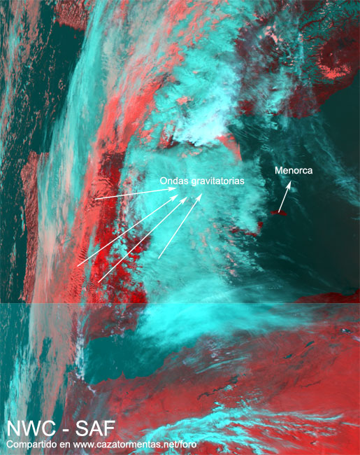 Imagen del satélite en modo infrarrojo y falso color RGB. Satélite Metop-A, 09:43 UTC y 09:46 UTC.