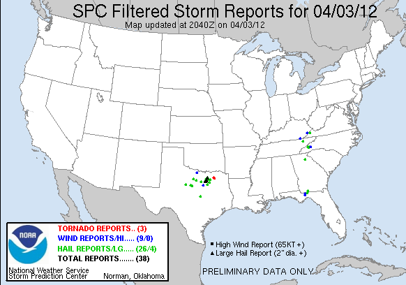 Reportes de tiempo severo filtrados, 03.04.12, 20:40 UTC. Crédito: Centro de Predicción de Tormentas.