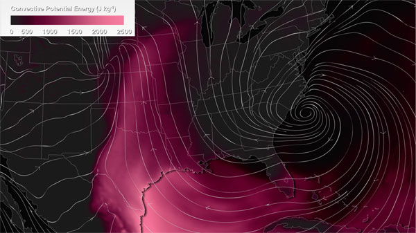 Energía Potencial Convectiva Disponible (CAPE), 12 - 16 de abril de 2012. Crédito: NOAA.