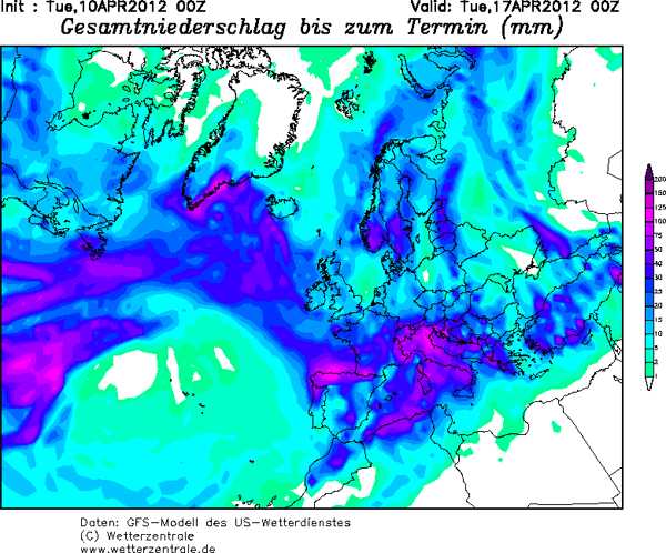 Precipitaciones acumuladas entre el 10.04.12, 00 UTC y el 17.04.12, 00 UTC. Modelo meteorológico GFS. Crédito: wetterzentrale.