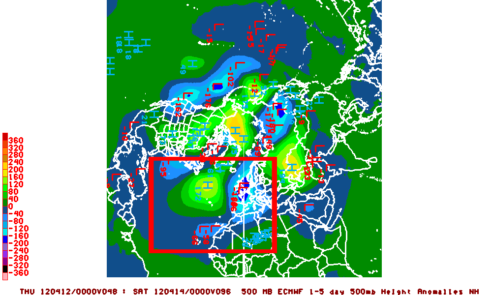 Campo de vientos (vectores azules) e isotacas (zonas sombreadas con valor en nudos), a 300 hPa. Análisis del modelo GFS. 04.12.12, 06 UTC.