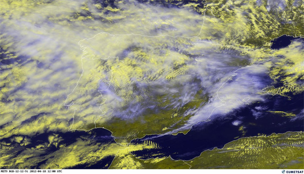 Imagen visible centrada en la Península Ibérica. Satélite Meteosat-9, 18.04.12, 12 UTC. Crédito: EUMETSAT.