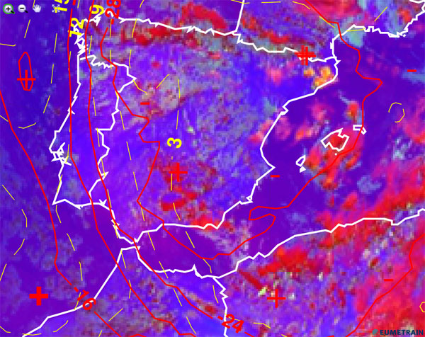 Imagen infrarroja y falso color RGB (modo convección), temperatura a 500 hPa e índice Showalter de inestabilidad.