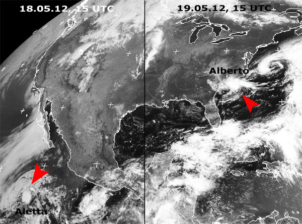 Tormenta tropical ALETTA en el Pacífico Noreste y la tormenta tropical ALBERTO en formación en el Atlántico Norte.