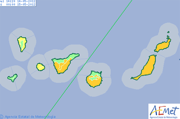 Mapa de avisos de la Agencia Estatal de Meteorología para Canarias, 14.05.12.