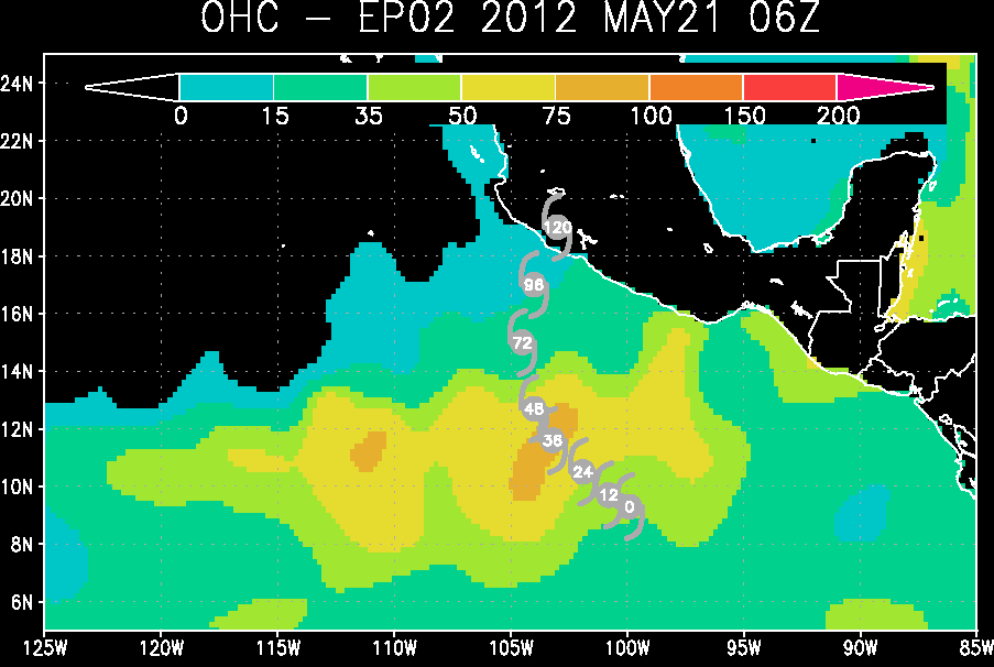 Contenido de Calor Oceánico, OHC, 21.05.12, 06 UTC. Crédito: RAMMB/CIRA.
