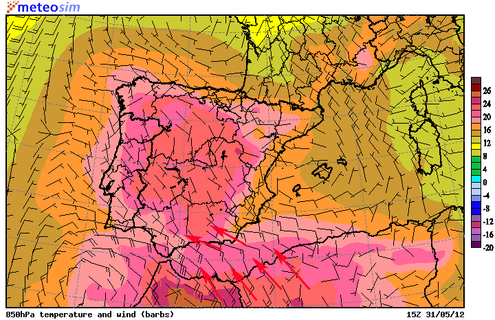 Temperatura y vientos al nivel de 850 hPa. Modelo MASS. 31.05.12, 15 UTC.