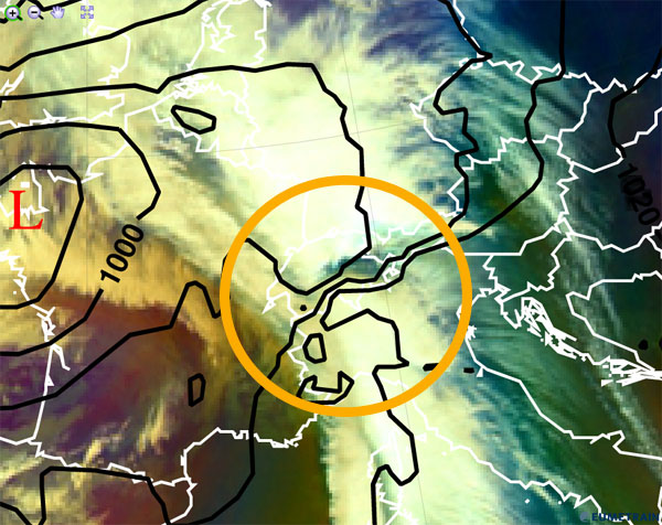 Imagen infrarroja en modo 'masas de aire' y campo isobárico de superficie, centrado en Suiza. 29.04.12, 06 UTC.