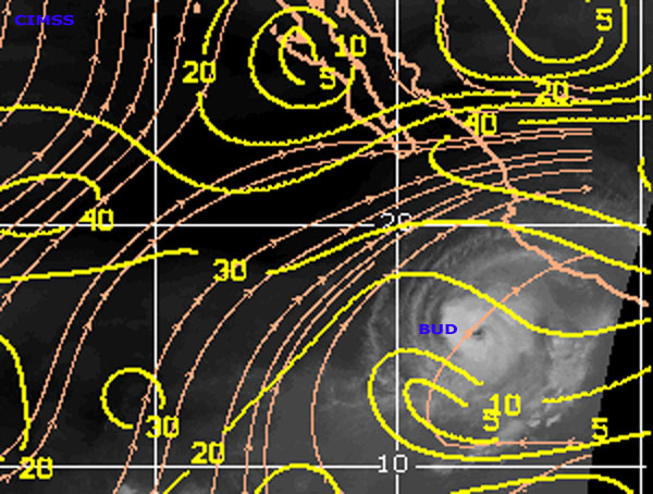 Imagen en modo infrarrojo, líneas de flujo y cizalladura (trazo amarillo), 24.05.12, 15:00 UTC. Crédito: CIMSS.