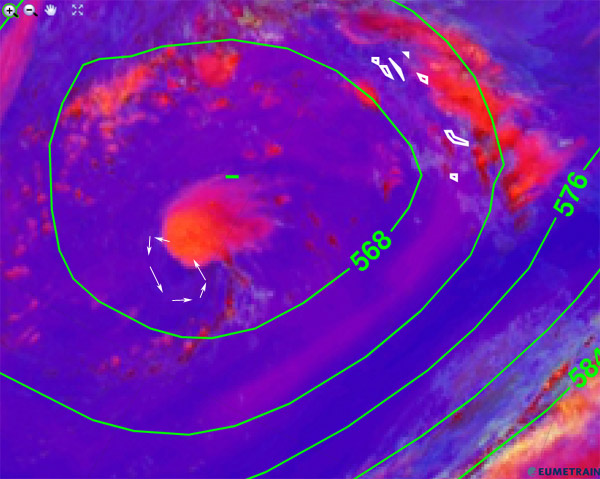 Imagen infrarroja y falso color RGB, y altura geopotencial de 500 hPa (trazo verde), 12 UTC de hoy.