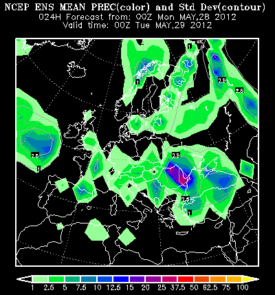 Precipitación acumulada en 24 horas y anomalía, de 29.05.12 a 04.06.12. Crédito: NOAA / NCEP.