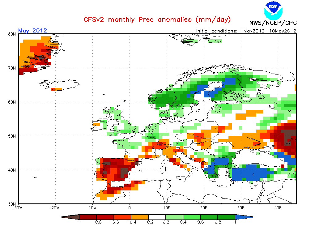Anomalía de precipitación para el mes de mayo. Modelo estacional CFS.