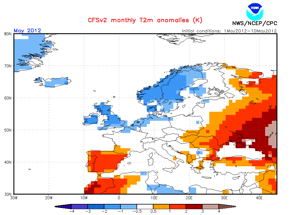 Anomalía de temperatura para el mes de mayo. Modelo estacional CFS.