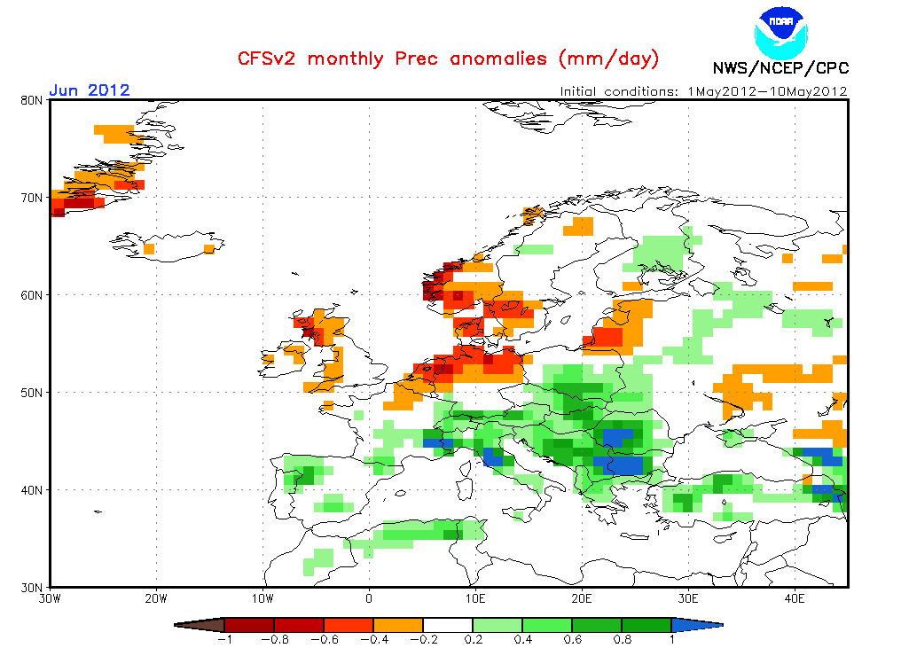Anomalía de precipitación para el mes de junio. Modelo estacional CFS.