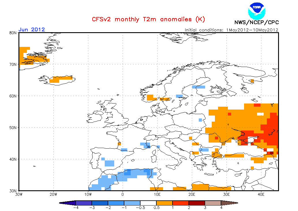 Anomalía de temperatura para el mes de junio. Modelo estacional CFS.