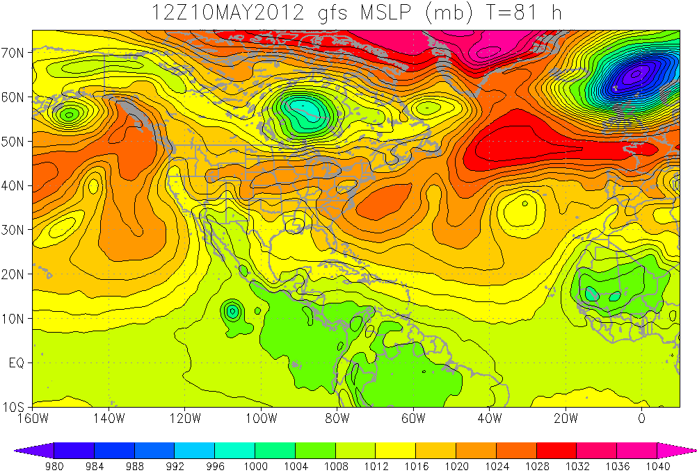Presión atmosférica al nivel de la superficie prevista a +84 horas. Modelo meteorológico GFS.