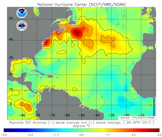 Anomalía de tempratura de las aguas superficies del Atlántico Norte, 28.04.12.