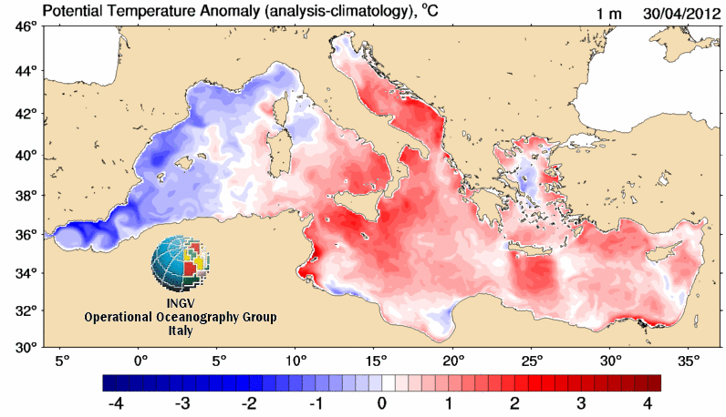 Anomalías de temperatura a 1 m. de profundidad en el Mar Mediterráneo, 30.04.12.