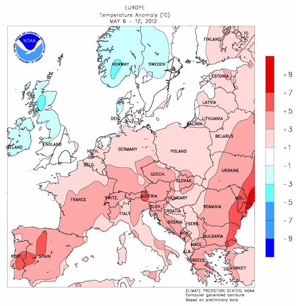 Anomalía de temperatura entre el 6 y el 12 de mayo de 2012 en Europa.