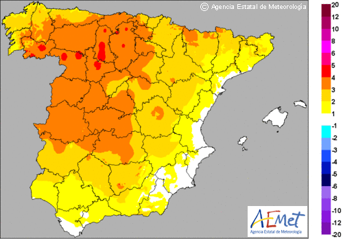 Variación de temperaturas máximas para mañana en Península y Baleares