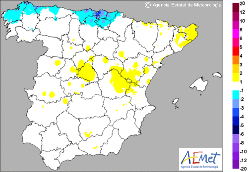 Variación de temperaturas máximas de pasado mañana en Península y Baleares