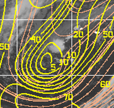 Imagen infrarroja, y líneas de flujo (trazo rosa) + cizalladura (trazo amarillo). 11.05.12, 15 UTC. Crédito: CIMSS.