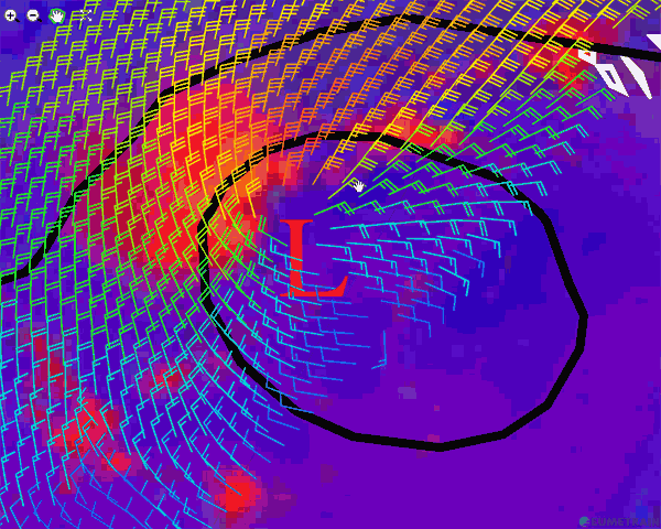 Imagen en modo infrarrojo y falso color RGB, presión atmosférica a nivel de la superficie (trazo negro) y campo de vientos estimado en superficie por el satélite ASCAT. 11.05.12, 12 UTC.
